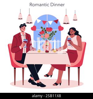 Illustrazione della cena di San Valentino. Una coppia gode di una cena romantica con bevande, fiori e candele. L'ambiente perfetto per celebrare l'amore e creare ricordi indimenticabili insieme. Illustrazione vettoriale. Illustrazione Vettoriale