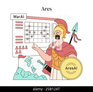 Olympic Gods Synergy intelligenza artificiale. Illustrazione di Ares che pianifica la guerra utilizzando la tecnologia dell'intelligenza artificiale, combinando l'antica mitologia greca con la moderna intelligenza artificiale. Illustrazione vettoriale. Illustrazione Vettoriale