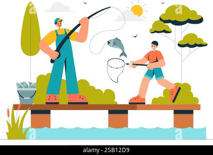 Illustrazione di un vettore per il tempo libero di pesca che offre un'esperienza di pesca con l'Angler Sport e l'esca dalla riva del lago e su una barca in un'area ricreativa Illustrazione Vettoriale