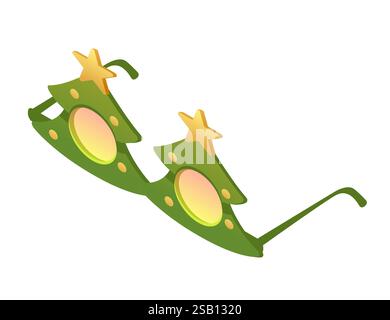 Occhiali da sole Isometric verdi in stile abete con decorazioni gialle a forma di stella. Illustrazione vettoriale isolata su sfondo bianco. Illustrazione Vettoriale