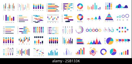Raccolta di vari grafici colorati e diagrammi che presentano analisi dei dati statistici con barre, linee, torte, piramidi e altri elementi grafici Illustrazione Vettoriale