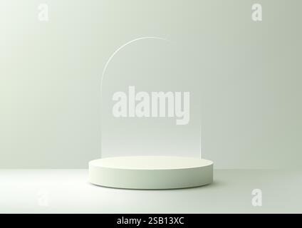 scenografia 3d minimalista un podio cilindrico verde morbido con un accento di vetro arcuato su sfondo pastello, perfetto per i mockup di prodotto con marchio clean Illustrazione Vettoriale