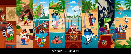 I personaggi dei cartoni animati dei pirati e dei corsari collinano con volpi, procioni o squali, pappagalli, elefanti, gatto o ippopotamo. Walrus, bradipo, coccodrillo, tigre, pellicano, cavalluccio marino, balena, polpo sull'isola tropicale Illustrazione Vettoriale