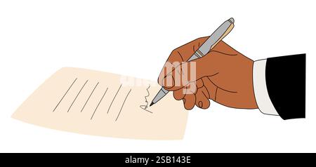 Mano che tiene la penna, firma il vettore di documenti aziendali Illustrazione Vettoriale