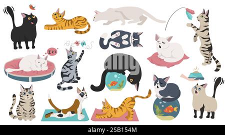 Cartoon cat raccolta di caratteri. Diversi gatto pone, yoga e di emozioni. Schermo piatto a colori e stile semplice design. Illustrazione Vettoriale Illustrazione Vettoriale