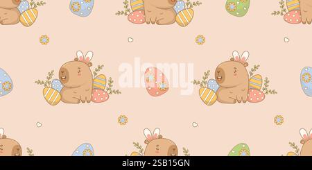 Motivo pasquale senza cuciture. Simpatico e divertente Capybara pasquale con uova decorative su sfondo beige chiaro. Horizontal Holiday Cartoon kawaii character anima Illustrazione Vettoriale