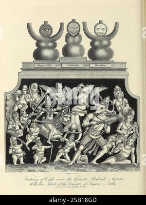 Encyclopedia londinensis, o Universal Dictionary of Arts, Sciences, and Literature London, stampato per il proprietario da J. Adlard, venduto all'Encyclopedia Office da J. White and Champante and Whitrow, 1810-1829. Enciclopedie e dizionari, Mollusks, opere pittoriche, la scena raffigura un'intricata rappresentazione della vittoria delle divinità su un avversario formidabile, caratterizzato da un insieme dinamico di personaggi della mitologia indù. In cima, tre figure adornate da elaborate corone simboleggiano varie divinità, mentre sotto di esse, una serie di guerrieri impegnati ed esseri divini è uno show-cas Foto Stock