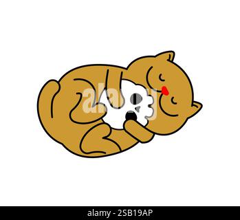 Il gatto gioca con il cranio. Testa di gatto e scheletro. Illustrazione Vettoriale