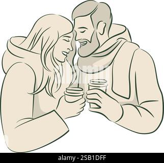 Simpatica coppia innamorata in abiti caldi che tengono in mano tazze di carta con caffè caldo o VIN brulé. Semplice disegno vettoriale lineare Illustrazione Vettoriale