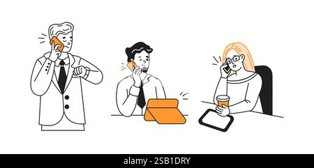 Gli impiegati parlano al telefono risolvendo le attività di lavoro raccolta di icone lineari a colori. Gli uomini d'affari usano dispositivi moderni per sbizzarrire i personaggi bianchi Illustrazione Vettoriale