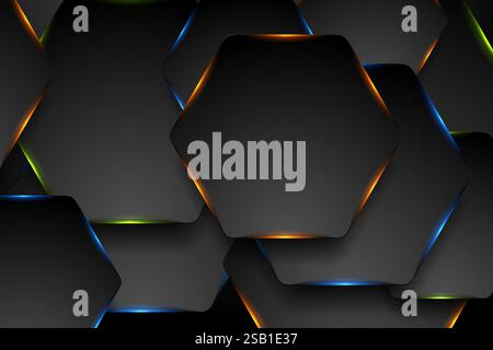 Esagoni tecnologici neri con luci colorate e sfondo astratto. Progettazione geometrica al neon vettoriale Illustrazione Vettoriale