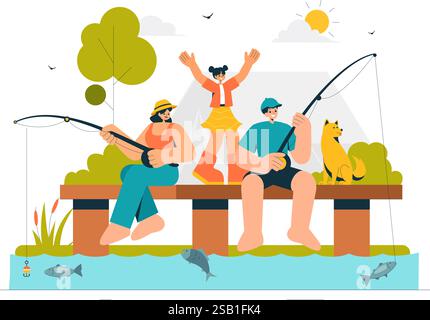 Illustrazione di un vettore per il tempo libero di pesca che offre un'esperienza di pesca con l'Angler Sport e l'esca dalla riva del lago e su una barca in un'area ricreativa Illustrazione Vettoriale