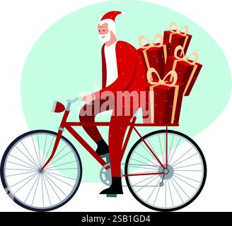 Moderno personaggio di Babbo Natale in sella alla sua bicicletta hipster. Consegna regali di Natale. Illustrazione vettoriale piatta Illustrazione Vettoriale