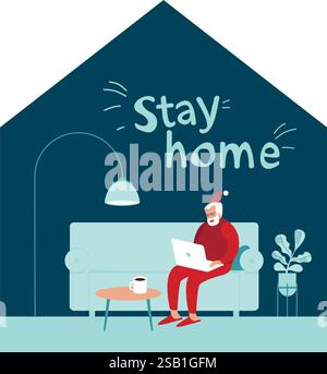 Resta a casa a Natale. Babbo Natale seduto a casa da solo la vigilia di Natale. Utilizzando un computer portatile che comunica con i bambini su Internet. Concept Flat vecto Illustrazione Vettoriale