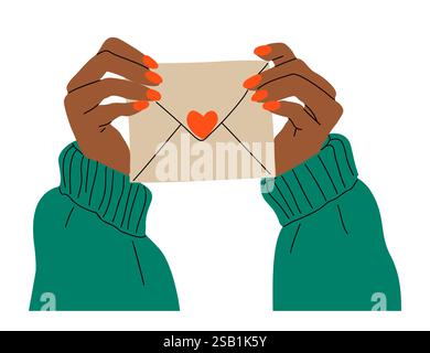 Mani femminili che tengono una busta con un cuore sopra Illustrazione Vettoriale