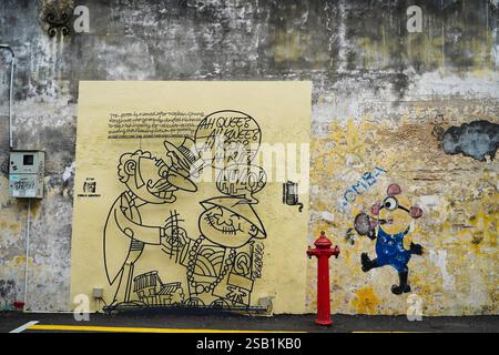 Ah Quee - famosa scultura di strada con aste d'acciaio dell'artista Reggie Lee che raffigura Ah Quee, ricco proprietario terriero cinese a George Town, Penang, Malesia Foto Stock