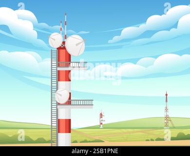 Torre di comunicazione a righe dotata di parabole satellitari. Torretta di trasmissione per la trasmissione del segnale. Struttura dell'antenna di comunicazione. Pilone per telecomunicazioni. Illustrazione Vettoriale