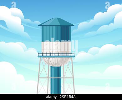 Torre blu con design a righe e struttura in metallo. Sommità cilindrica rialzata da travi in acciaio. Illustrazione vettoriale con sfondo cielo nuvola. Illustrazione Vettoriale