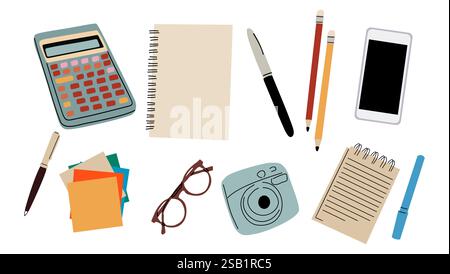 Set di cancelleria. Note cartacee, quaderno, matite Illustrazione Vettoriale