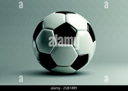 Un pallone da calcio tradizionale con pannelli bianchi e neri posizionati su una superficie grigia Illustrazione Vettoriale