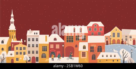 Villaggio invernale, città, paesaggio urbano. Capodanno e Natale. Città vecchia europea in uno stile cartoni animati minimalista. Case carine con sno Illustrazione Vettoriale