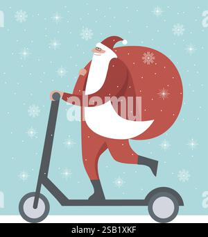 Babbo Natale in scooter e con un sacco di regali. Biglietto di Natale Flat Vector Illustrazione Vettoriale