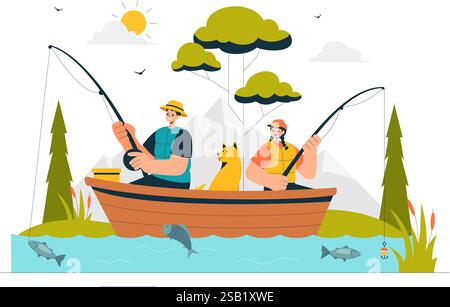 Illustrazione di un vettore per il tempo libero di pesca che offre un'esperienza di pesca con l'Angler Sport e l'esca dalla riva del lago e su una barca in un'area ricreativa Illustrazione Vettoriale