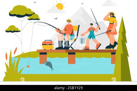 Illustrazione di un vettore per il tempo libero di pesca che offre un'esperienza di pesca con l'Angler Sport e l'esca dalla riva del lago e su una barca in un'area ricreativa Illustrazione Vettoriale