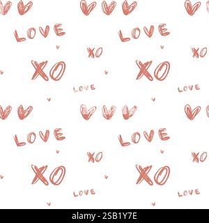 Love Heart xo motivo rosa rosa pergolato senza cuciture su sfondo bianco. Disegno a mano astratto e senza cuciture. Disegna lo sfondo Love xo Hearts Illustrazione Vettoriale