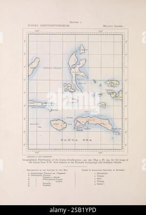 Icones Ornithopterorum, Londra, pubblicato dall'autore Upper Norwood, London, S.. E, 1898-1906 [vale a dire 1907], Papilionidae, Una mappa dettagliata che illustra la distribuzione geografica del genere Ornithoptera, che mostra le regioni delle Molucche, della nuova Guinea e delle Isole Salomone. La mappa è suddivisa in sezioni, evidenziando varie posizioni con caratteristiche geografiche e coordinate marcate. Una spiegazione delle lettere utilizzate nella mappa è fornita in basso, delineando le isole e le aree di interesse specifiche. La rappresentazione visiva fornisce informazioni importanti relative a Foto Stock