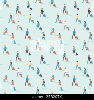 Motivo perfetto per i viaggiatori. La gente va con i bagagli. Illustrazione vettoriale piatta tema viaggi e trasporti. Illustrazione Vettoriale