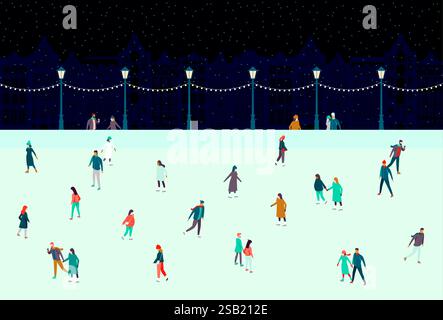Gente felice che pattina sulla pista di pattinaggio. Case della città vecchia sullo sfondo. Attività natalizie all'aperto. Distanziamento sociale nei luoghi pubblici. Gat pubblico Illustrazione Vettoriale