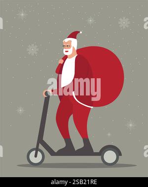 Personaggio di Babbo Natale in sella a un cartone animato elettrico Scooter Vector. Babbo Natale moderno con un sacco enorme che ti regala regali viaggiando su un veicolo veloce e ecologico. FLA Illustrazione Vettoriale