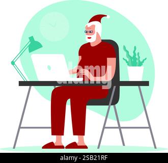 Babbo Natale è seduto e sta usando un laptop, connettendosi con persone in tutto il mondo. Concetto di shopping online di Natale. Videoconferenza con Babbo Natale Illustrazione Vettoriale