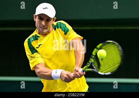 Stoccolma, Svezia. 31 gennaio 2025. Aleksandar Vukic (Australia) nel singolo match di tennis contro il svedese Leo Borg nella partita di Coppa Davis tra Svezia e Australia giocata alla Royal Tennis Hall di Stoccolma, Svezia, 31 gennaio 2025.foto: Jonas Ekströmer/TT/codice 10030 credito: TT News Agency/Alamy Live News Foto Stock