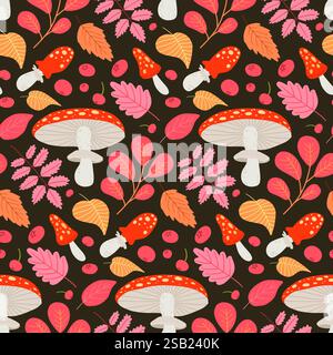 Motivo autunnale senza cuciture con funghi rossi, foglie colorate e frutti di bosco su un caldo sfondo marrone, ideale per design e decorazioni stagionali Illustrazione Vettoriale