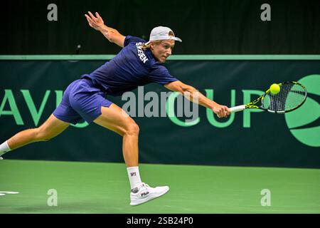 Stoccolma, Svezia. 31 gennaio 2025. Leo Borg (Svezia) gioca la partita di tennis singolo contro Aleksander Vukic (Australia) nella partita di Coppa Davis tra Svezia e Australia alla Royal Tennis Hall di Stoccolma, Svezia, gennaio 31 2025. Foto: Jonas Ekströmer/TT/codice 10030 credito: TT News Agency/Alamy Live News Foto Stock