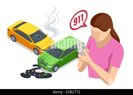 Incidente d'auto. Un'illustrazione isometrica vettoriale di un incidente stradale con due auto danneggiate. Una donna sta chiamando i servizi di emergenza, con una bolla del 911 Illustrazione Vettoriale