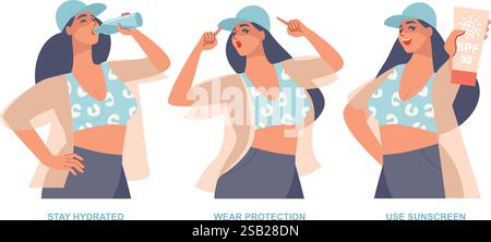 Protezione solare e della pelle in estate. Consapevolezza delle onde di calore. Concetto di prevenzione della corsa al calore e delle scottature. Personaggio femminile in stile vettoriale piatto Illustrazione Vettoriale