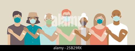 Squadra vaccinata. Gruppo etnicamente etnie e di età mista di persone che mostrano le loro spalle con cerotti dopo aver ottenuto un vaccino. Set di multiracia Illustrazione Vettoriale