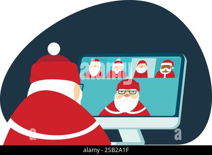 Babbo Natale ha una videochiamata in conferenza con i suoi colleghi di tutto il mondo. Distanziamento sociale durante il coronavirus pandemia di covid-19 vec piatta Illustrazione Vettoriale