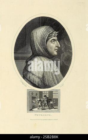 Encyclopedia Londinensis, o Universal Dictionary of Arts, Sciences, and Literature London, stampato per il proprietario da J. Adlard, venduto all'Encyclopedia Office da J. White and Champante and Whitrow, 1810-1829. Enciclopedie e dizionari Mollusks opere pittoriche, questa opera d'arte presenta un ritratto di una figura con un'espressione contemplativa, adornata in un tradizionale mantello incappucciato. La composizione mette in risalto il profilo del soggetto, sottolineando i dettagli delle caratteristiche del viso e l'intricata texture del suo abbigliamento. Sotto il ritratto, un'illustrazione più piccola raffigura una scena dell'applicazione Foto Stock
