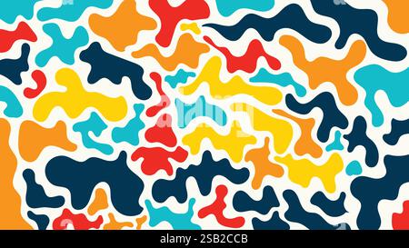 Colorato motivo astratto con forme organiche irregolari in rosso, giallo, blu e arancione su uno sfondo chiaro. Ideale per design audaci e poster. Illustrazione Vettoriale