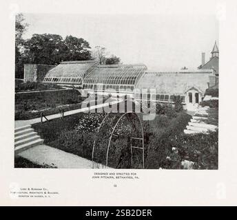 Catalogo delle serre Irvington, N. Y, The Company, c1903, cataloghi, serre, Lord Burnham Co., l'immagine mostra una serra dal design splendido, caratterizzata da grandi pannelli in vetro che consentono l'ingresso di un'ampia luce solare. Questa struttura architettonica è accompagnata da un giardino meticolosamente paesaggistico, completo di aiuole e vegetazione ben disposte. Un'affascinante arcata, probabilmente destinata ad arrampicarsi sulle piante, aggiunge un elemento invitante alla scena. L'ambiente circostante suggerisce un'atmosfera serena, con alberi che forniscono uno sfondo naturale al giardino. La serra è in attr Foto Stock