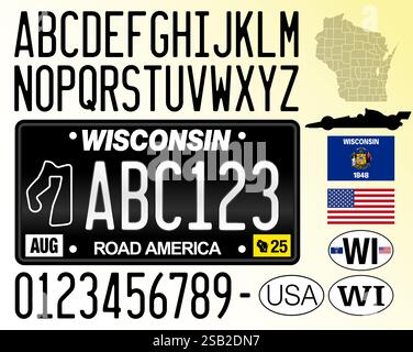Schema nero targa Wisconsin Road America, lettere, numeri e simboli, Stati Uniti, Stati Uniti d'America, illustrazione vettoriale Illustrazione Vettoriale