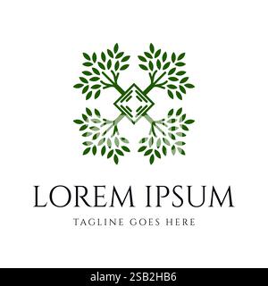 Illustrazione circolare quadrata di Star Branch Leaf o Nest per Nutrition Spa Eco o Herb Nature Wellness Spa rilassante Logo Design Vector Illustrazione Vettoriale