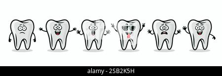 Adorabili personaggi dei denti che mostrano emozioni diverse. Illustrazione dei denti vettoriali piatti - espressioni felici, eccitate, tristi e spaventate. Grazioso design dei denti Illustrazione Vettoriale