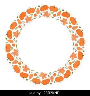 Corona autunnale di zucche arancioni e foglie autunnali su sfondo bianco, ideale per feste, inviti e decorazioni stagionali Illustrazione Vettoriale