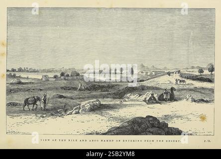 Viaggi in Africa centrale ed esplorazioni degli affluenti del Nilo occidentale, Londra, Tinsley Bros, 1869, Descrizione e viaggi, fiume Nilo, Sudan, Un paesaggio panoramico che raffigura una vasta area aperta con un fiume o un corpo d'acqua che scorre attraverso di esso, circondato da colline ondulate. In primo piano, un gruppo di figure, eventualmente lavoratori o viaggiatori, può essere visto impegnato in varie attività, mentre cavalli e carri sono presenti, suggerendo il trasporto o il commercio. Lo sfondo presenta un gruppo di edifici, probabilmente un insediamento o una piccola città, annidati all'orizzonte. Il cielo è illustrato con Foto Stock