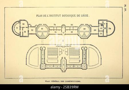 Belgique horticole, Liége, botanica, orticoltura, periodici, piante, Un dettagliato piano architettonico che illustra la disposizione dell'Istituto di Botanica di Liegi. Il diagramma presenta un corridoio centrale fiancheggiato da varie sale e sezioni, tra cui spazi designati per laboratori, aule e collezioni botaniche. Ogni area è chiaramente etichettata con numeri corrispondenti, fornendo una panoramica sistematica della struttura. Il piano enfatizza la simmetria e la progettazione organizzata della struttura, mostrando la sua funzione di centro di ricerca botanica e di istruzione. Il layout generale sugg Foto Stock